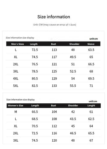 Size chart for men's and women's clothing with measurements in centimeters.