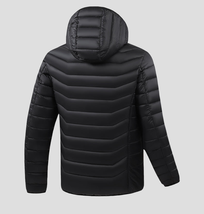 Black puffer jacket with a hood on a white background by anniou