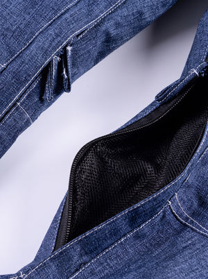 Inner thigh breathable zipper design with #denimblue Denim Ski Bib Pants 