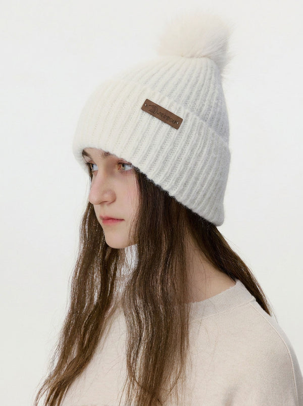 #IvoryWhite Women Cashmere Blend Pom Knit Beanie Hat