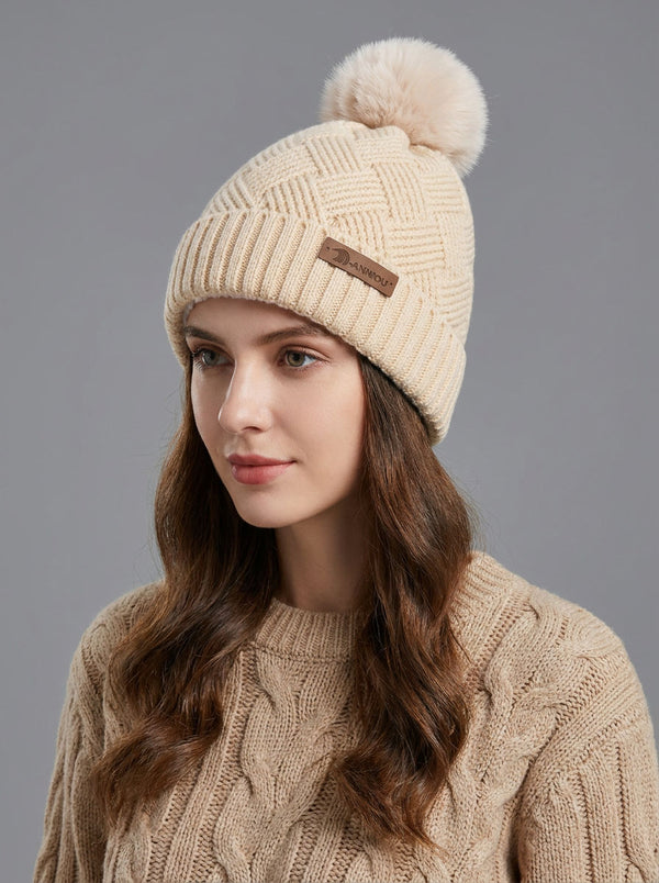 #IvoryWhite Women Grid Jacquard Pom Knit Beanie Hat