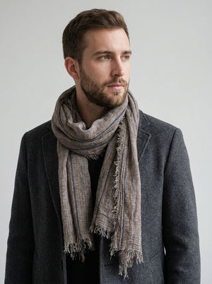 #khaki Men Striped Cotton Linen Scarf