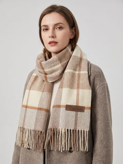 #Khaki Women Pure Wool Tassel Checkered Scarf