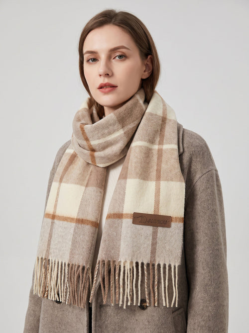 #Khaki Women Pure Wool Tassel Checkered Scarf