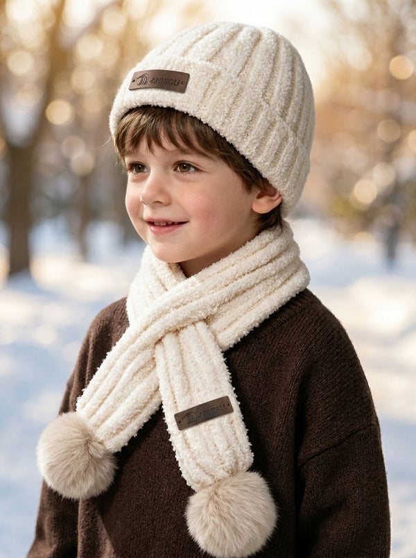 #White Kid Fuzzy Plush Knitted Hat Scarf Winter Set