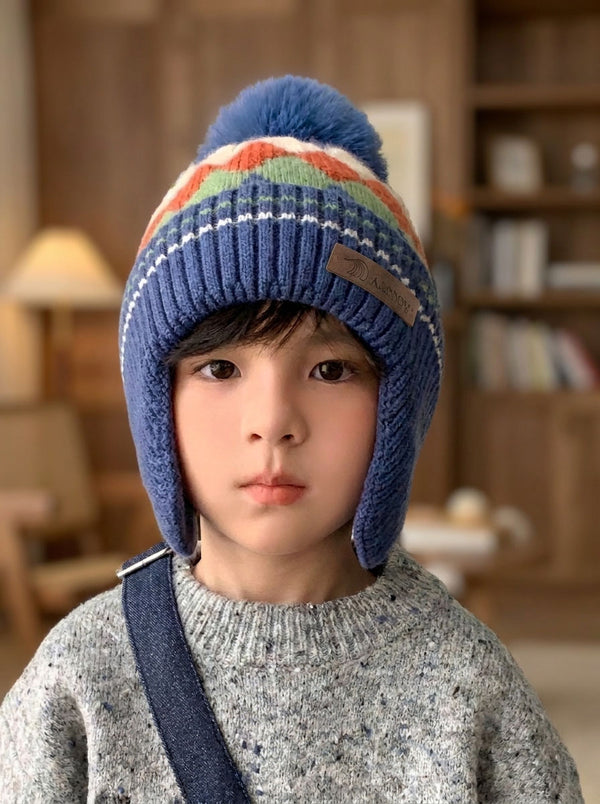#Blue Kids Argyle Knit Earflap Beanie Hat