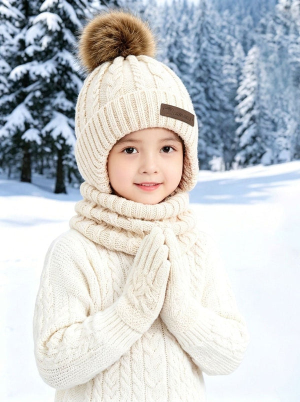 #White Kids Ear Flap Plush Pom Knit Hat
 Scarf Gloves Set