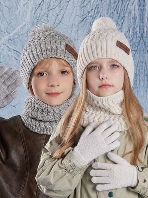 #Beige And Grey Kids Fleece Lined Pom Knit Hat Scarf Gloves Set