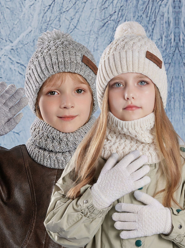 #Beige And Grey Kids Fleece Lined Pom Knit Hat Scarf Gloves Set