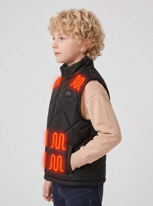 Side view of boy wearing black heated vest, one hand in side pocket, show vest silhouette and armhole design, glowing red heating zones, , kids winter thermal waistcoat