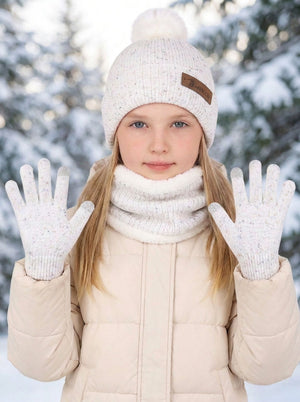 #White Kids Pom Pom Fleece Knit Hat Scarf Gloves Set