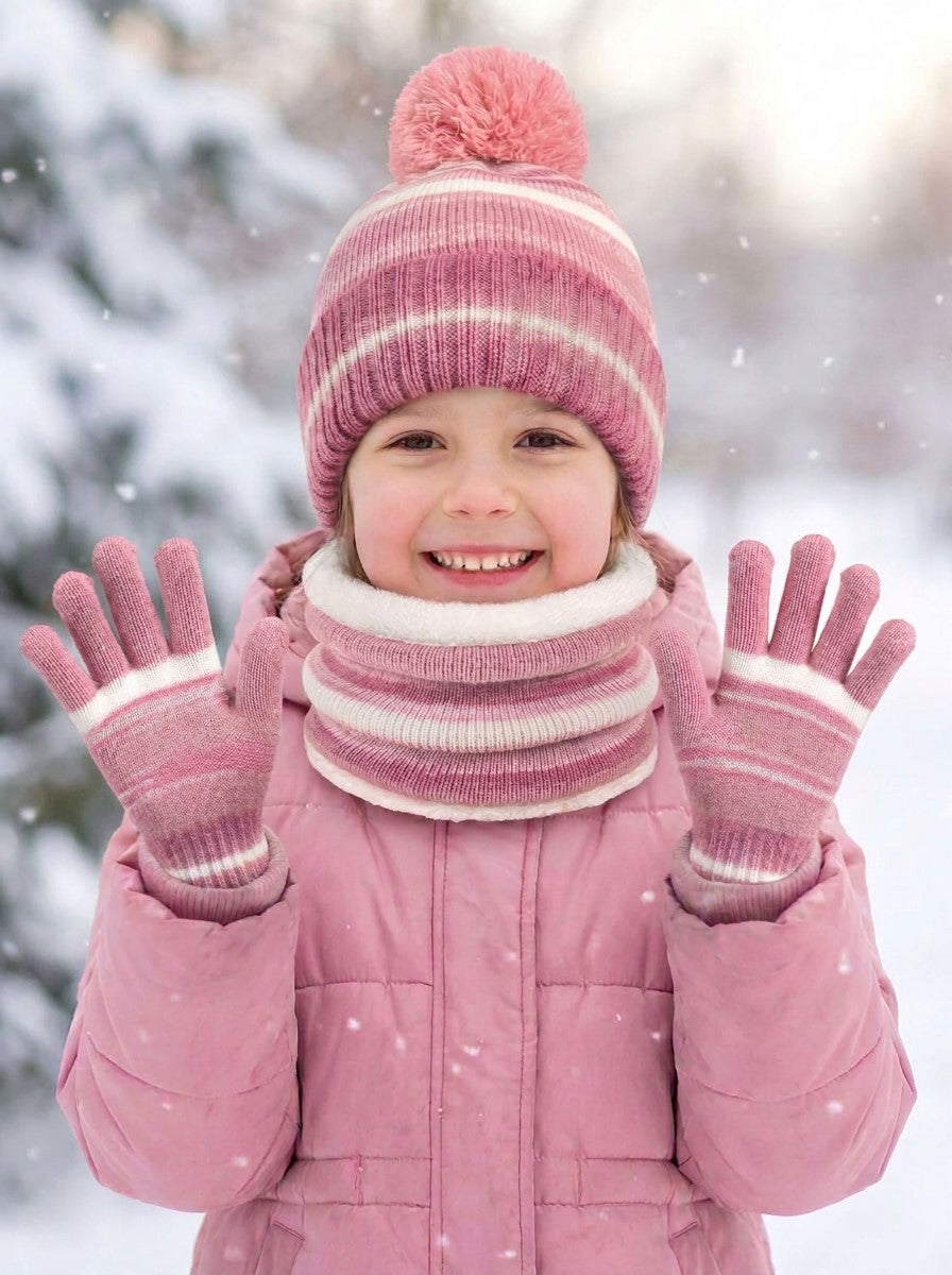 #Pink Kids Stripe Plush Pom Knit Hat Scarf Gloves Set