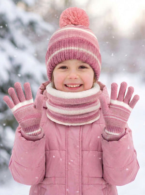 #Pink Kids Stripe Plush Pom Knit Hat Scarf Gloves Set