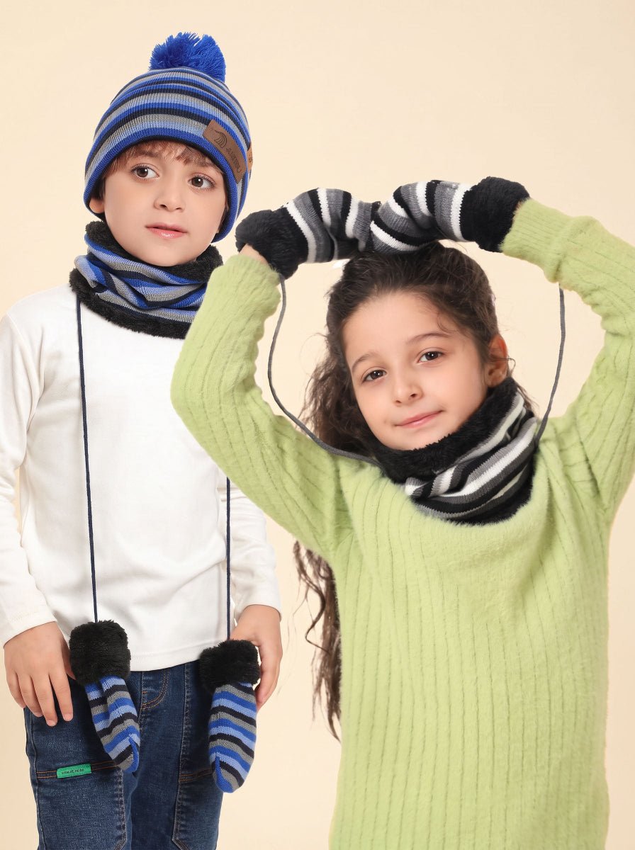 #Lakeblue Kids Striped Knit Hat Scarf Mittens  Set