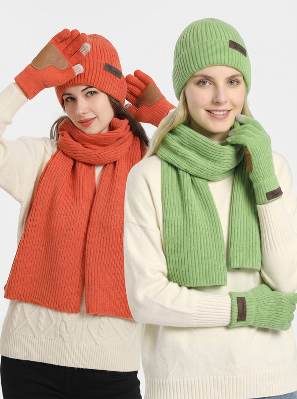 #Green and orangeKnitted Beanie Hat Scarf Gloves Set