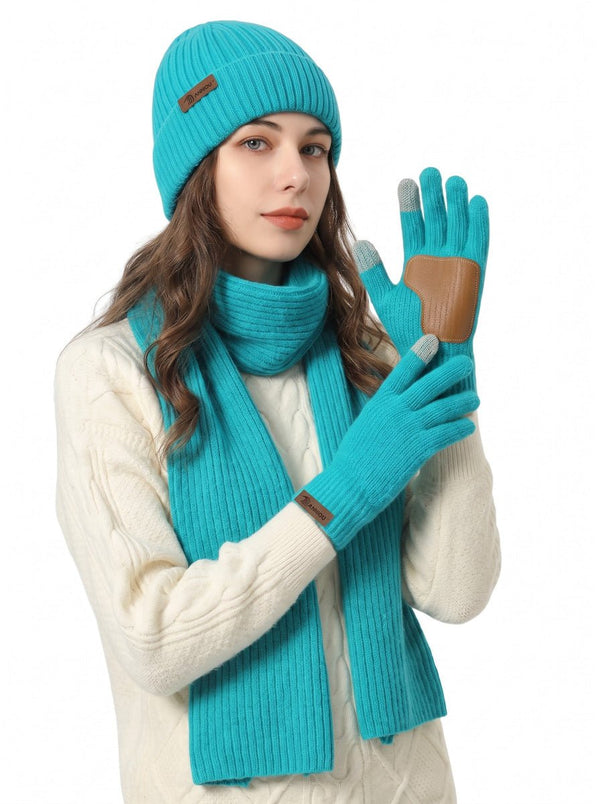 #LakeBlue Knitted Beanie Hat Scarf Gloves Set