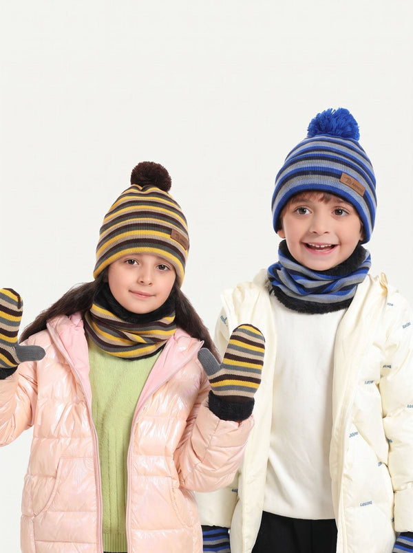 #Lakeblue and Yellow  Kids Striped Knit Hat Scarf Mittens  Set