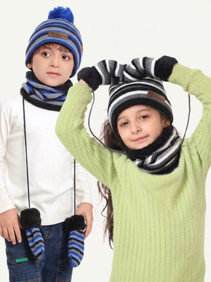 #Lakeblue And Black Kids Striped Knit Hat Scarf Mittens  Set