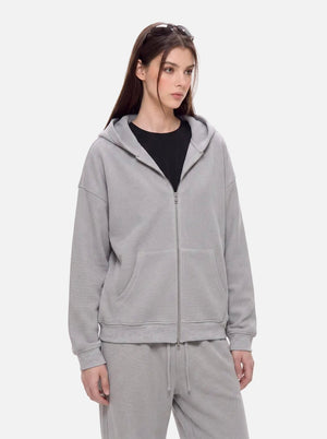#Lightgrey Casual Waffle Zip Up Hoodie