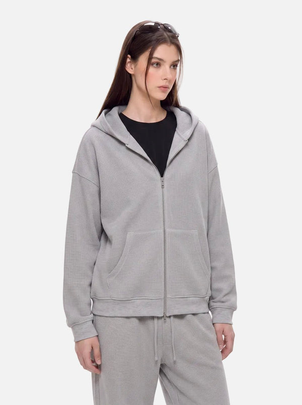 #Lightgrey Casual Waffle Zip Up Hoodie