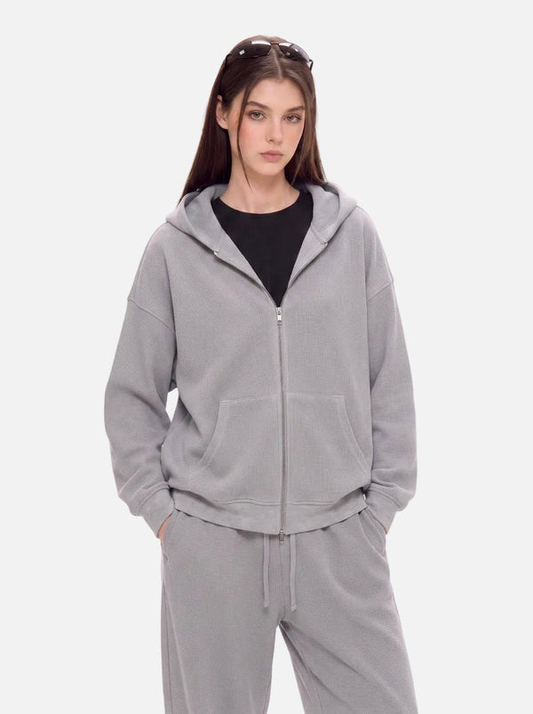 #Lightgrey Waffle Zip Up Hoodie