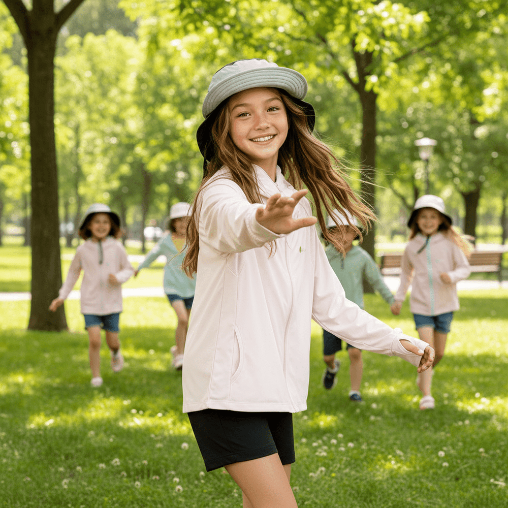 Children wearing light sun-protective clothing played and chased each other in the park