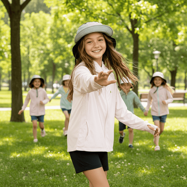 Children wearing light #beige sun-protective clothing played and chased each other in the park