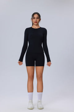 women's #black Long Sleeve Yoga Top and shorts