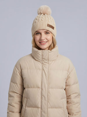 #IvoryWhite Women Cable Knitted Pom Beanie Hat