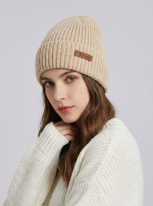 #LvoryWhite Women Rib Knit Leather Patch Beanie Hat