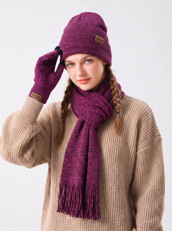 #Magentapurple Women Soft Knitted Hat Scarf Glove Set
