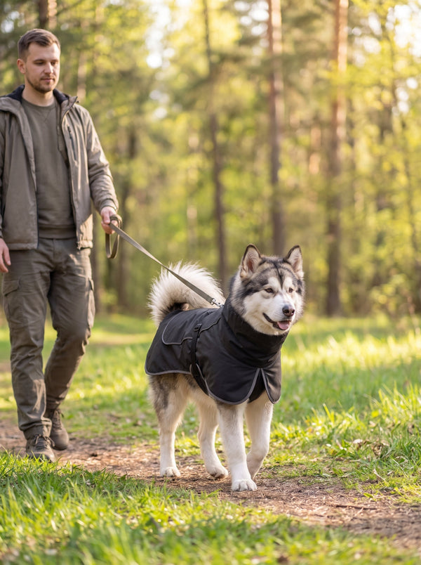 Alaskan Malamute wearing #black high-collar waterproof dog coat with reflective trim, walking on forest trail with its owner on leash, warm golden hour woodland background, pet outdoor apparel photography