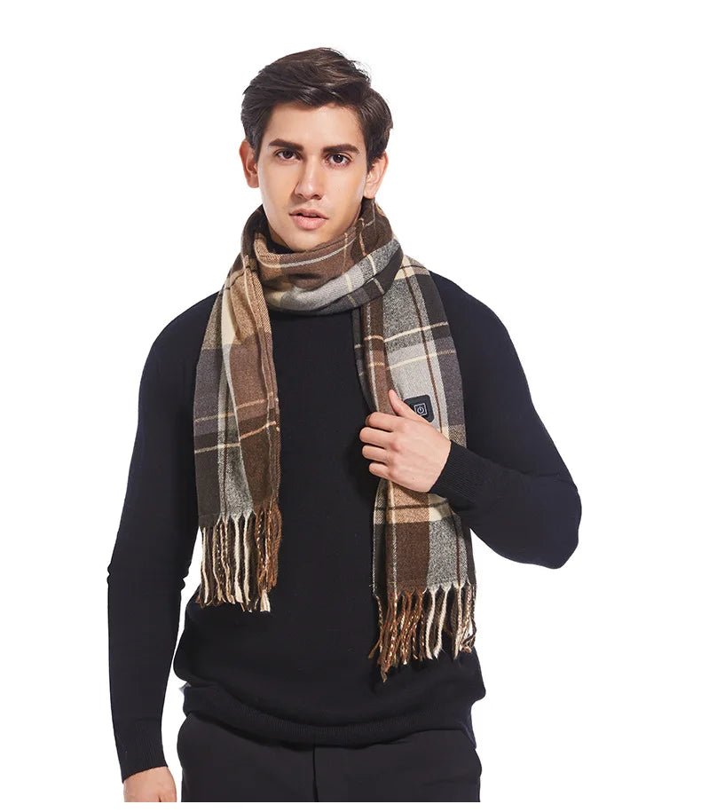 Man wearing a plaid heated scarf on a white background