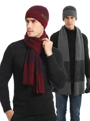 #WineRed Men Color Block Rib Knit Hat Scarf  Gloves Set