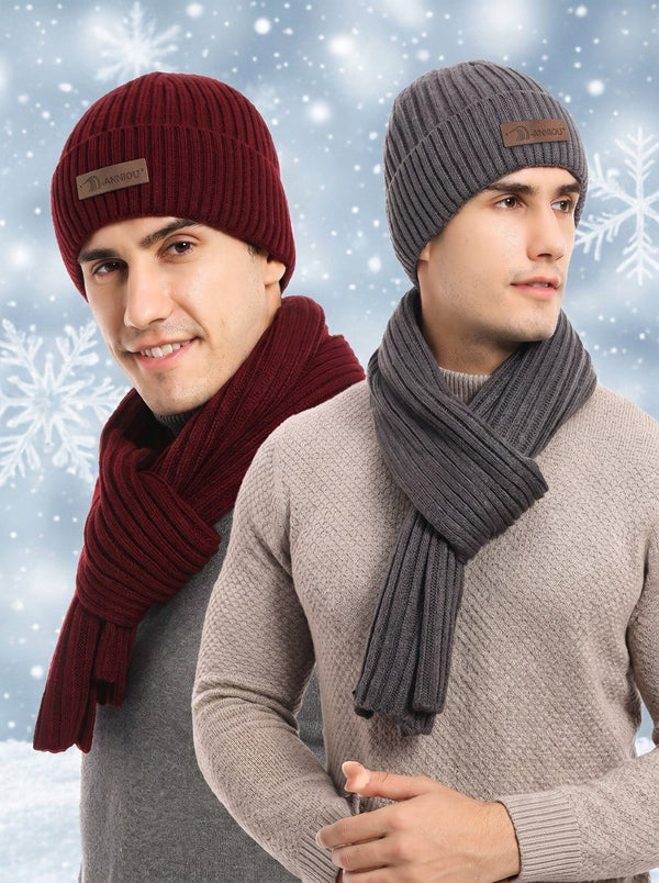 #Red And  Darkgrey Men’s Knitted Hat Scarf Gloves Set
