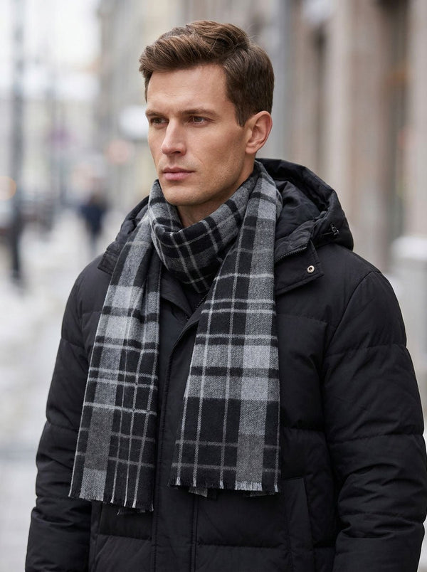 #Darkgrey Men Plaid Fleece Lined Scarf