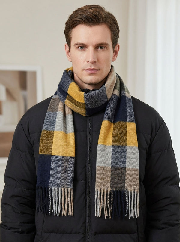 #Sand Men Plaid Tassel Check Pattern Neck Scarf
