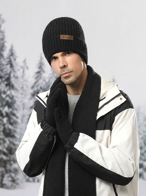 #Black Men Solid Color Knit Hat Scarf Gloves Set