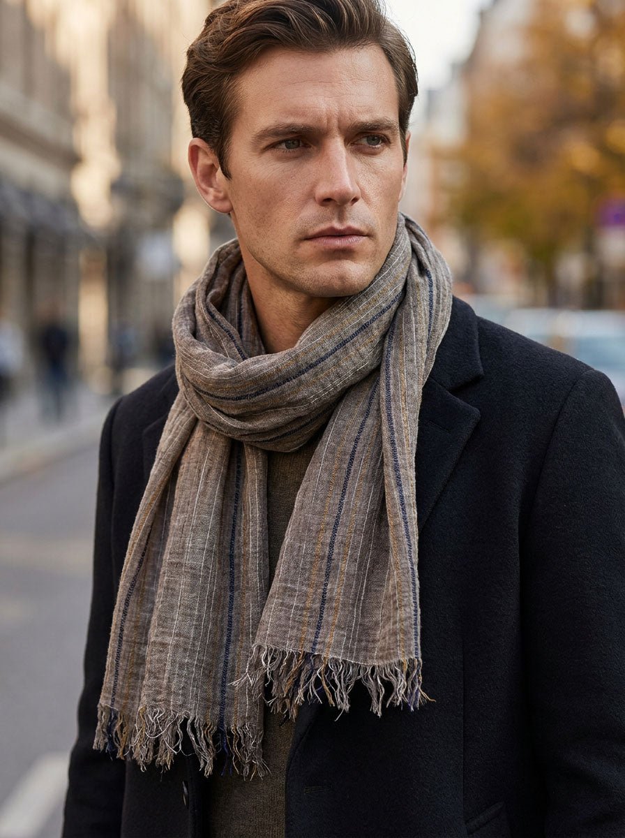 #khaki Men Striped Cotton Linen Scarf
