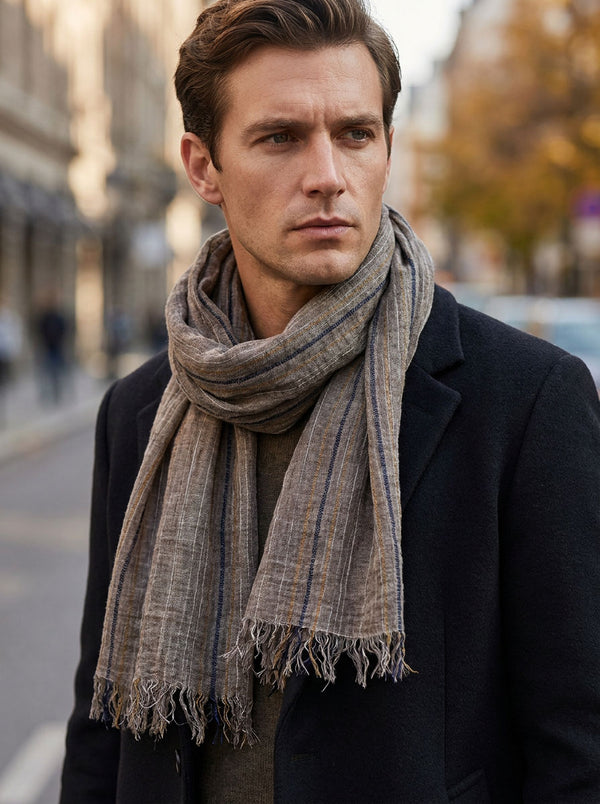#khaki Men Striped Cotton Linen Scarf