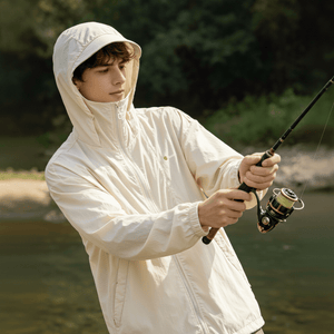 Men #beige fishing Hooded Full Zip Top