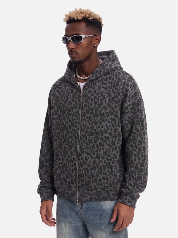 Mens #Black Leopard Print Waffle Hooded Zip Jacket