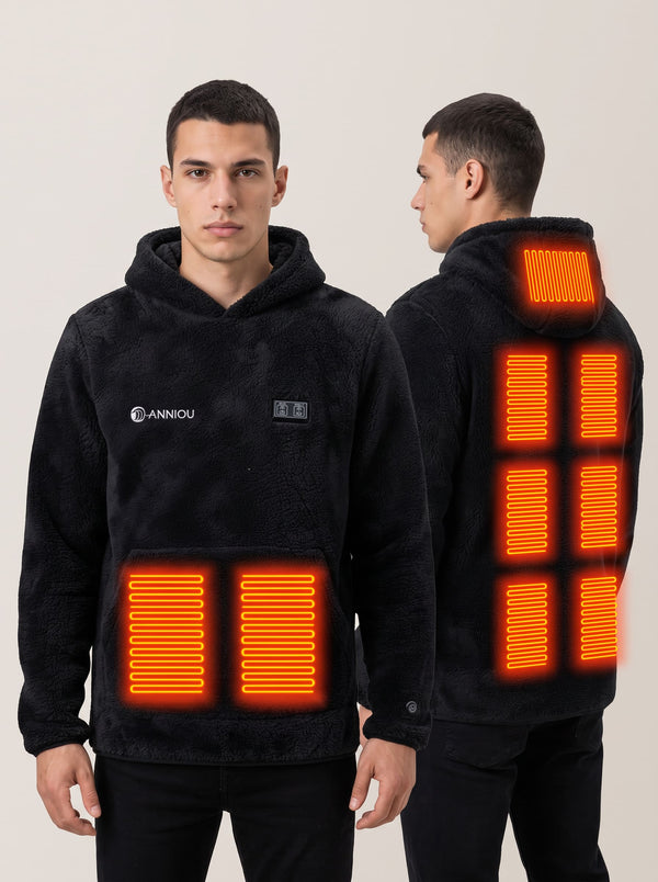 Men's Heated Fleece Hoodie front and back showing 9 heat zones