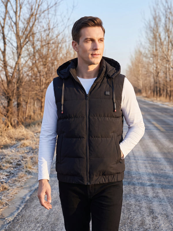 handsome male model wearing #black hooded heated vest over white long sleeve shirt, standing on frosty country road in winter, warm sunlight, men's USB electric heating sleeveless vest for outdoor hiking fishing