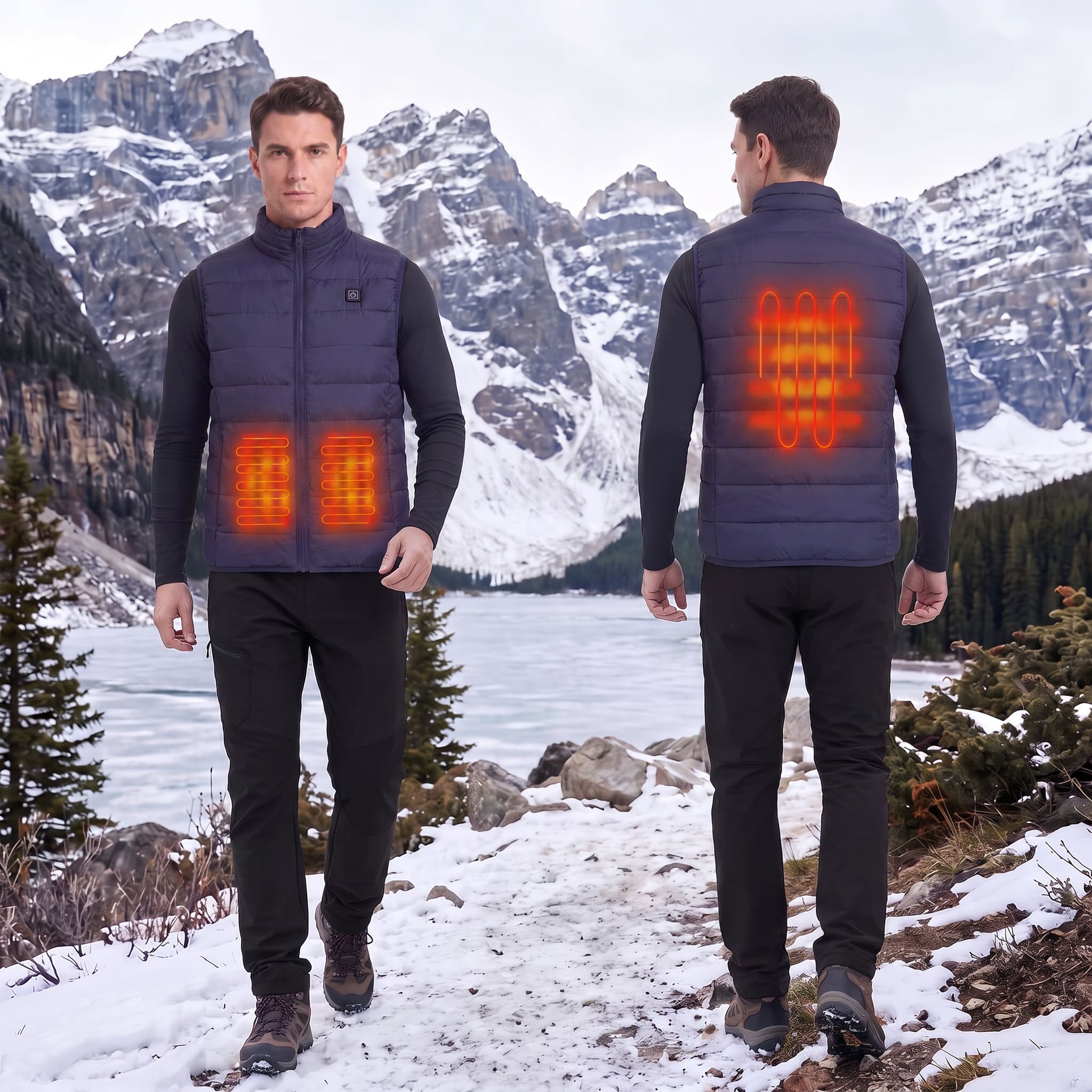 A man is shown outdoors in a snowy mountain landscape, wearing a dark quilted vest with glowing orange heat-light panels visible on both the front and back. The image presents a front and back view of the same product in one composite-style outdoor scene.