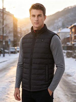 Man wearing #black heated gilet, winter snowy street at golden sunset, urban men warm outerwear