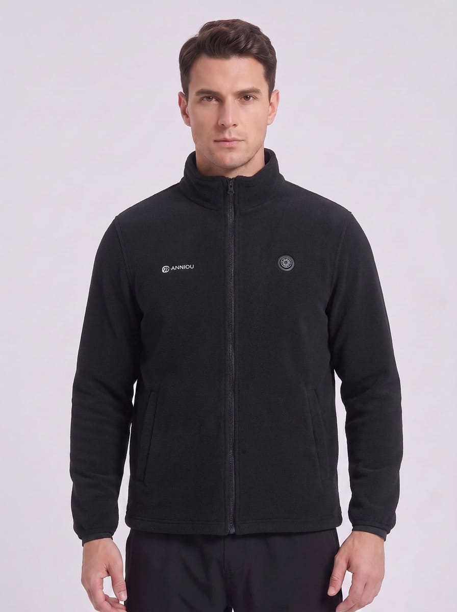 Men's black fleece zip-up heated jacket with a stand collar, featuring a small white Anniou logo on the left chest and a circular logo on the right chest.