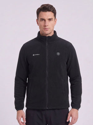 Men's black fleece zip-up heated jacket with a stand collar, featuring a small white Anniou logo on the left chest and a circular logo on the right chest.
