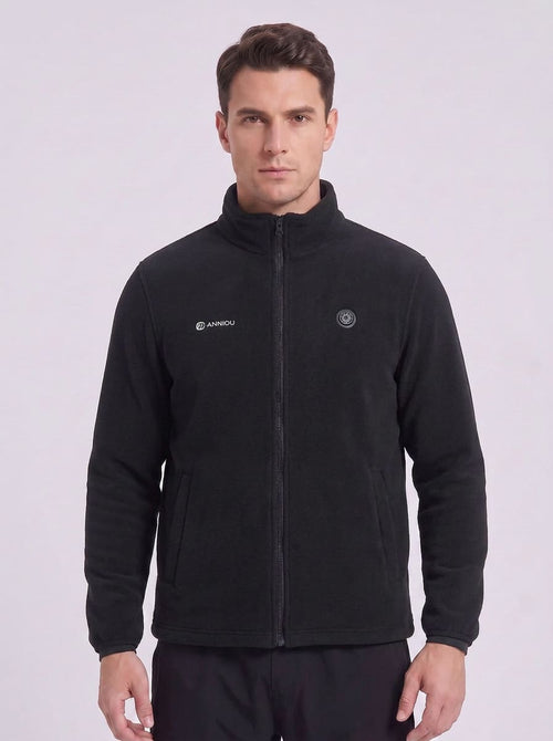 Men's black fleece zip-up heated jacket with a stand collar, featuring a small white Anniou logo on the left chest and a circular logo on the right chest.