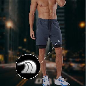 Mens Black Double Layer Sports Shorts reflective logo